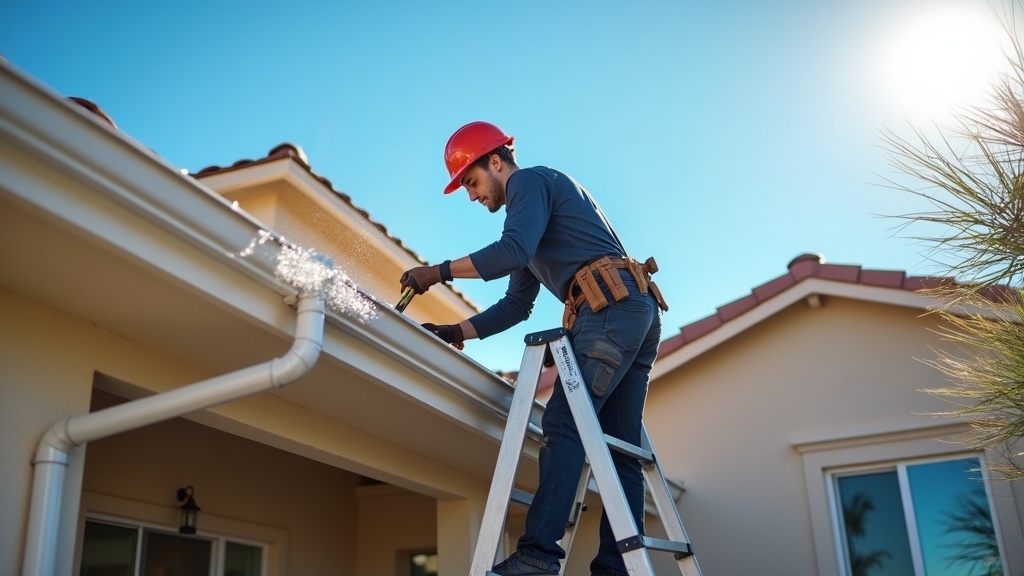 Clearing debris from a Palm Springs home's gutters