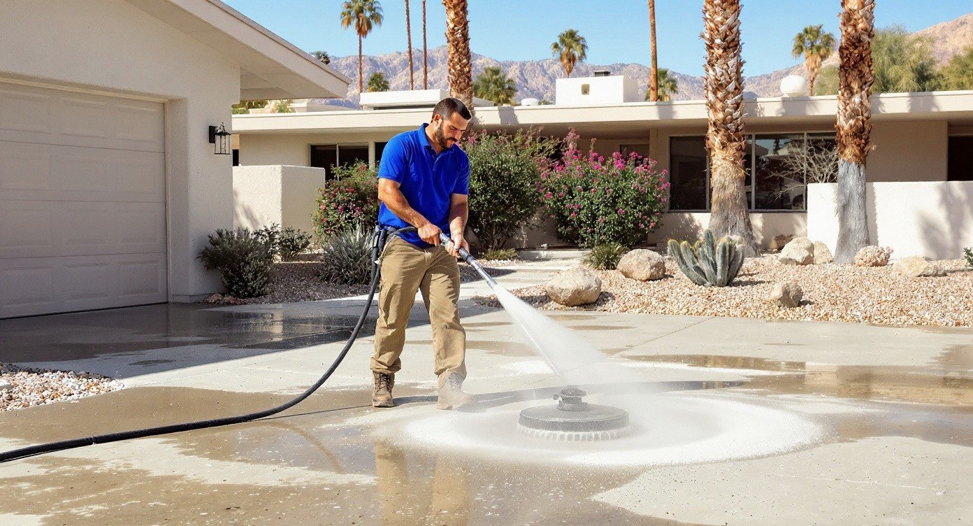 Power cleaning heavily soiled desert surfaces